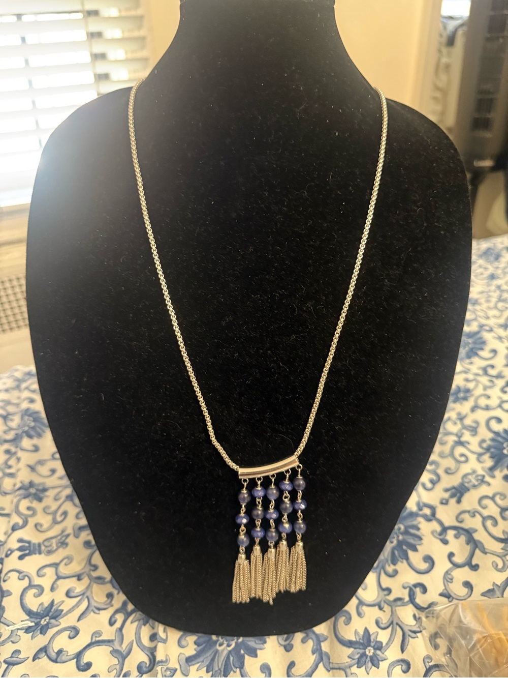 Silver tone Tassel Pendant Necklace with Blue Beads